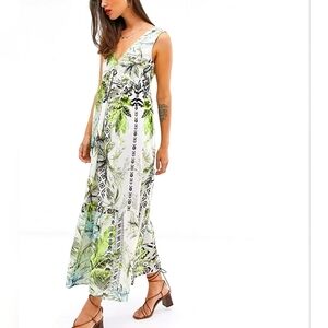 ASOS Maxi Dress Tropical White Linen Deep V Neck Pephem Hem sz 10